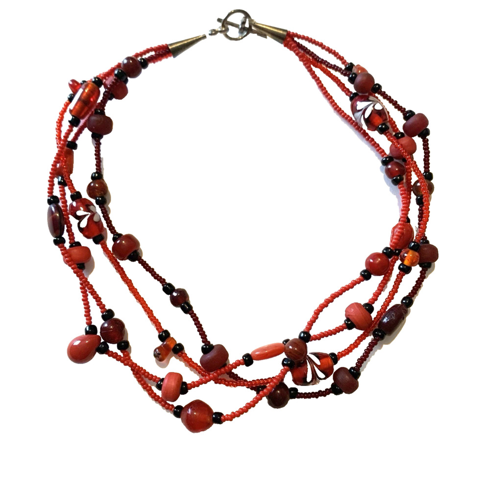 Vintage Red Multi Strand Art Glass Seed Bead Necklace Choker 16” Boho Chic